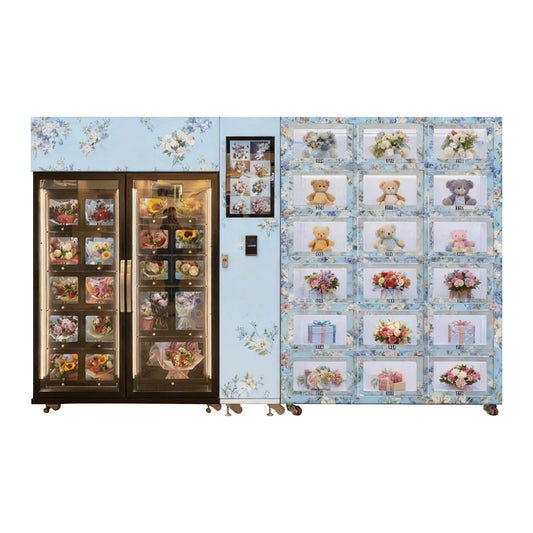 Smart Refrigerated Flower Vending Machine with Ambient Gift Lockers for Bouquets & Plush Toys