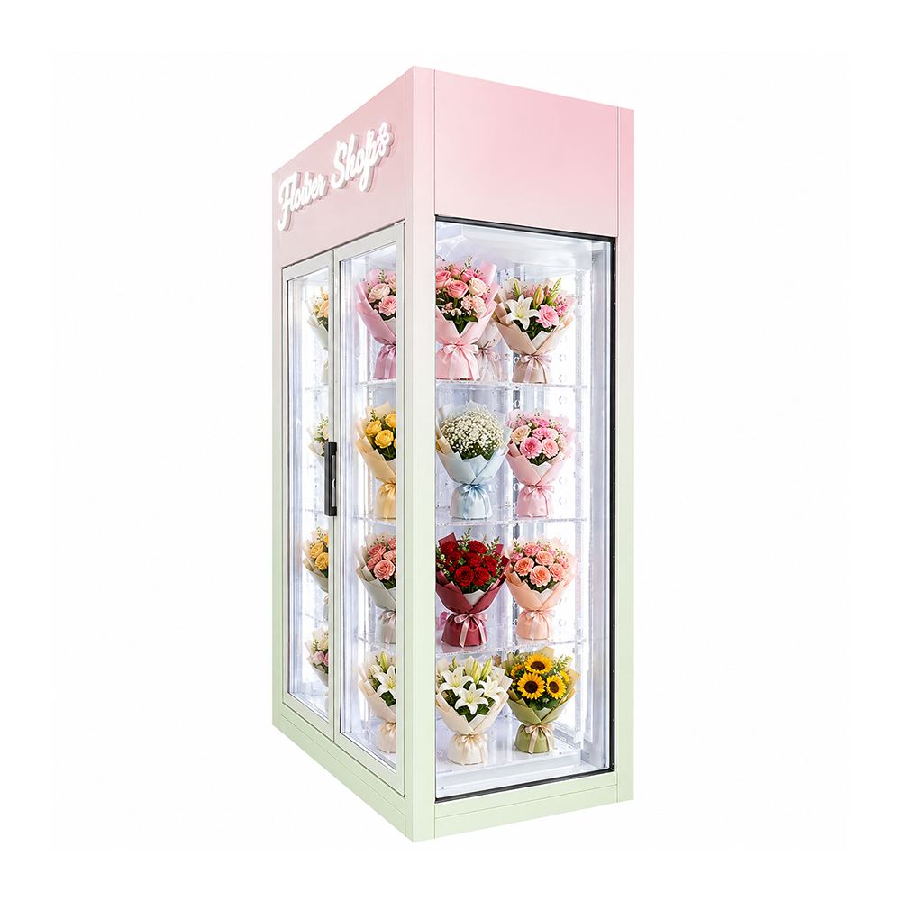 Angled reference view of WEIMI transparent flower cabinet showing glazed side and twin-door display