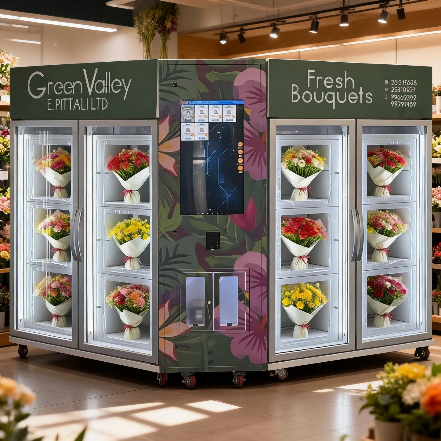 Combined flower vending machine with a control system and support for branded stickers & lockers quantity and size