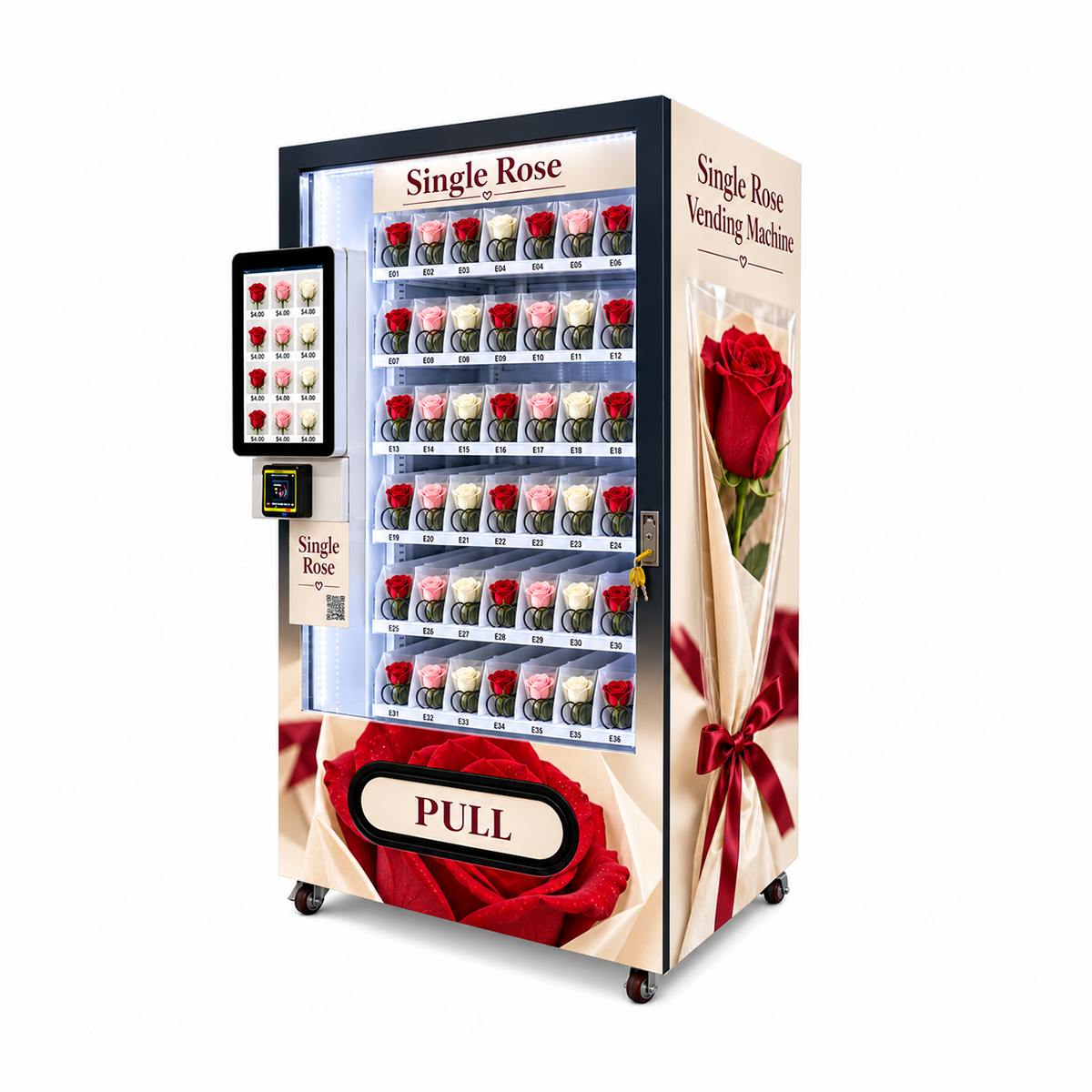 WEIMI individually wrapped rose vending machine right side and front view with floral cabinet graphics