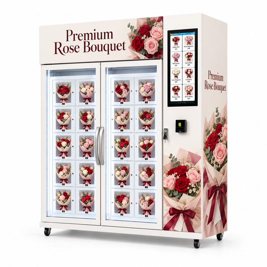 WEIMI Rosarium Duo right perspective showing cream cabinet, floral artwork, portrait touchscreen and payment terminal