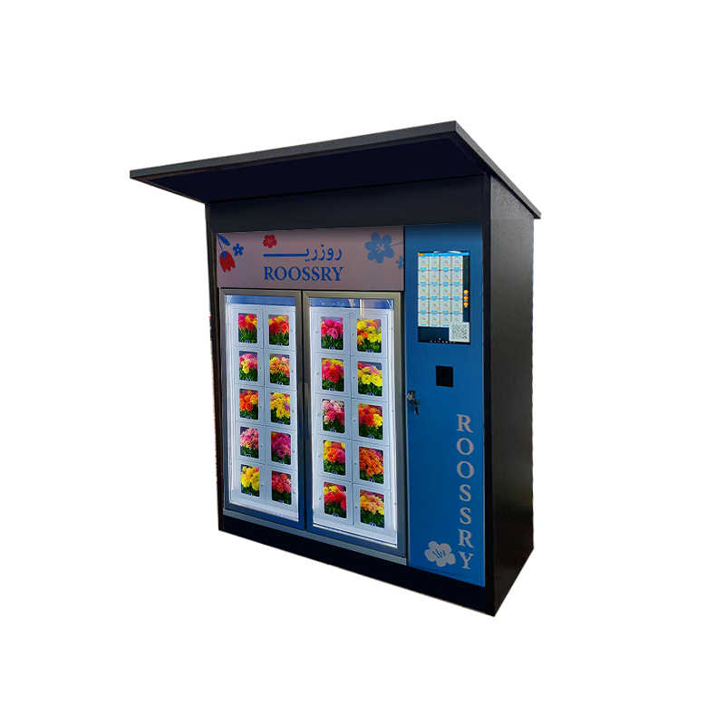 Customizable outdoor fresh flower vending machine with double doors and unique sticker design for branding.