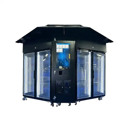 Convenient outdoor flower vending machine selling roses and carnations, with a canopy to keep flowers fresh.