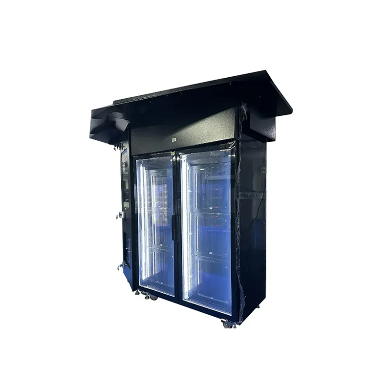 Fresh roses and carnations available in an outdoor combo vending machine with a canopy, ensuring flowers stay fresh.