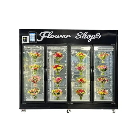 Distributeur automatique de fleurs transparent de grande capacité, doté d'un système de réfrigération à faible consommation d'énergie et d'une ouverture à double porte.