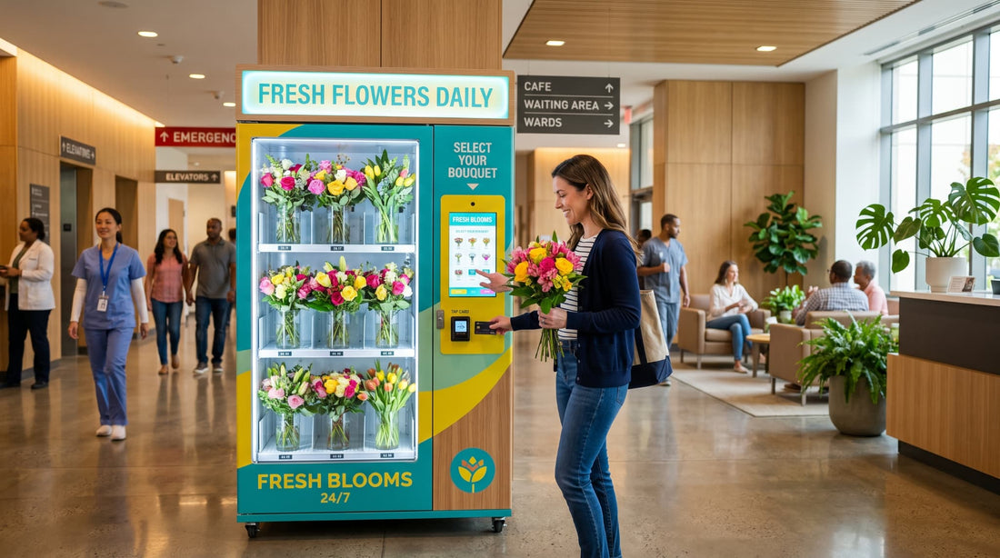 Flower vending machine in a hospital lobby with a visitor choosing a fresh bouquet