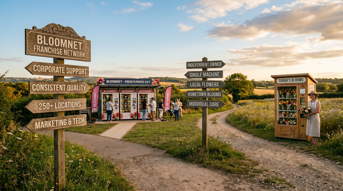 Fork in the road choosing between a flower vending machine franchise and independent ownership