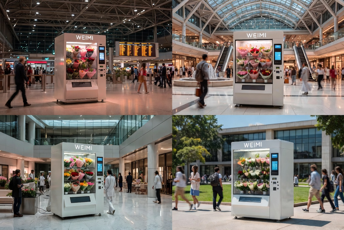 Montage of WEIMI flower vending machines in prime 2026 locations including airport, shopping mall, hospital, and university. Fresh flowers, high foot traffic, maximum ROI potential.
