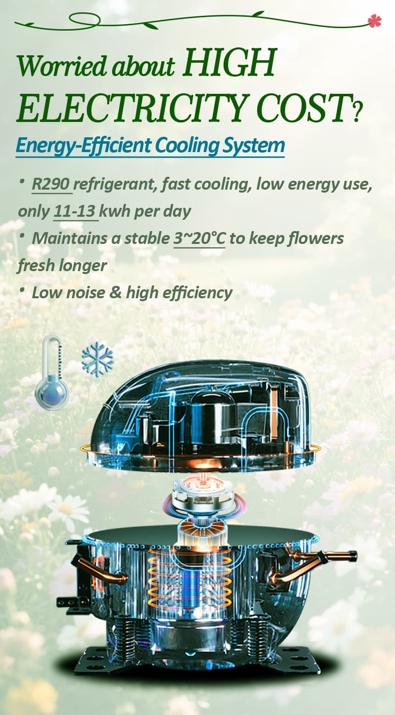 Internal structural view of an automated flower kiosk showing modular storage bins, cooling fans, and electrical wiring.