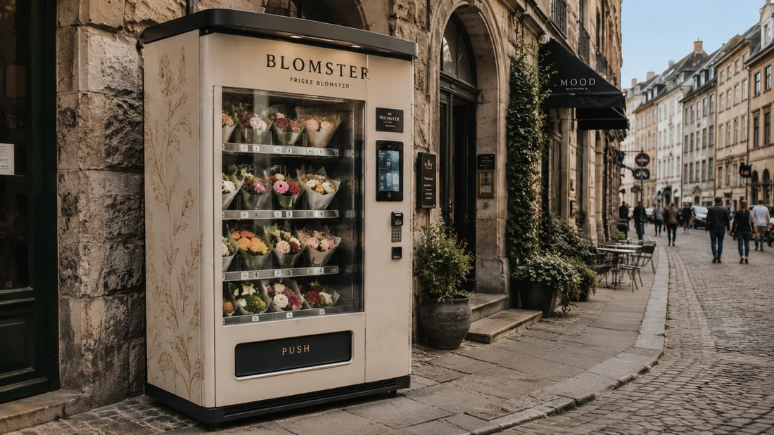 Flower vending machine on a classic European city street with fresh bouquets behind glass