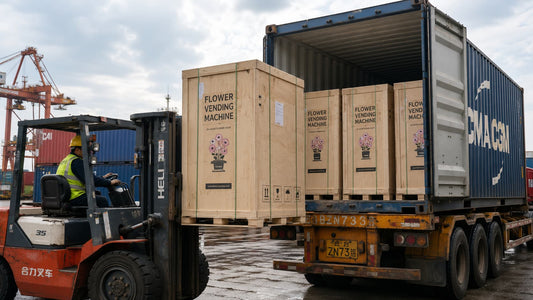 Flower vending machines in export crates being loaded into a shipping container for import