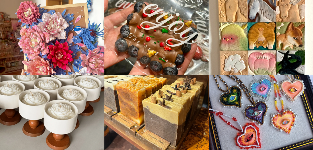 WEIMI smart vending machine selling handmade products including chocolates, candles, soaps and jewelry alongside fresh flowers