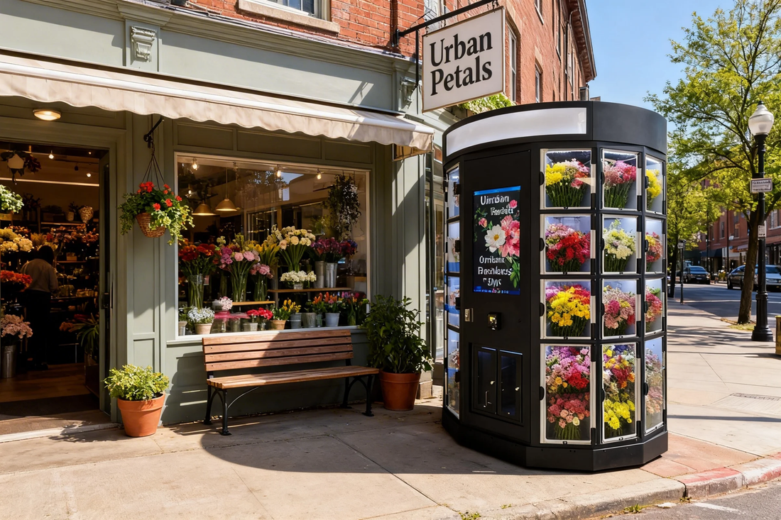 WEIMI flower vending machine reducing costs, selling fresh bouquets 24/7, offering higher profits than traditional shops.