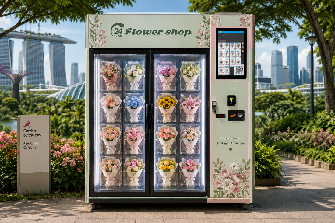 WEIMI flower vending machine Singapore installed in Changi Airport or MRT station featuring illuminated fresh bouquets, interactive touchscreen and 24/7 self-service operation for convenient automated floral retail