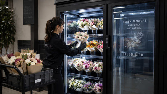 Operator restocking fresh bouquets into a flower vending machine as part of daily operations