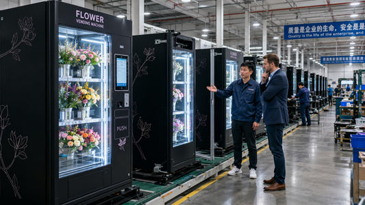 Flower vending machine manufacturing facility with units on a production line and a buyer inspecting