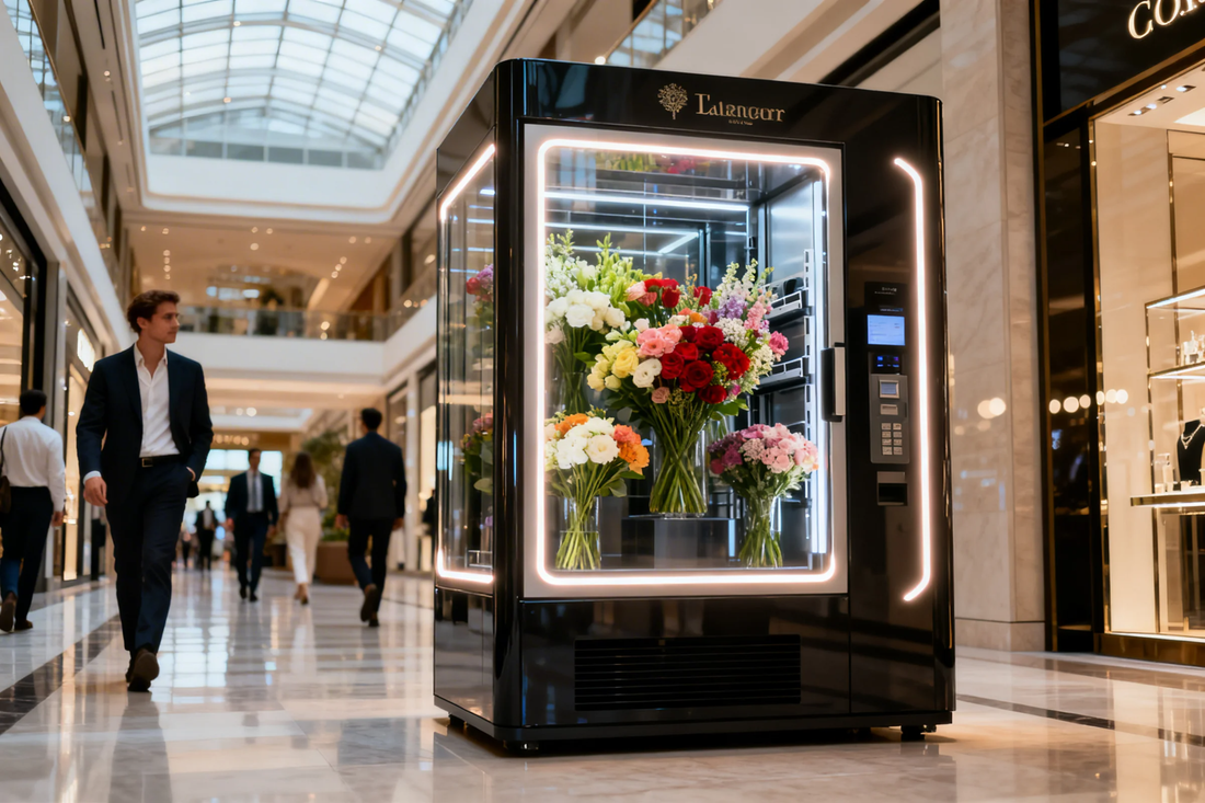 High-end smart flower vending machine with elevator system installed in a luxury shopping mall, 24/7 automated retail.