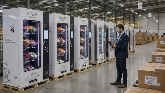 Warehouse of flower vending machines ready for distribution with a businessperson reviewing inventory
