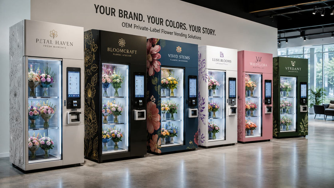 Flower vending machines in different custom brand colors and logos showing OEM private-label branding