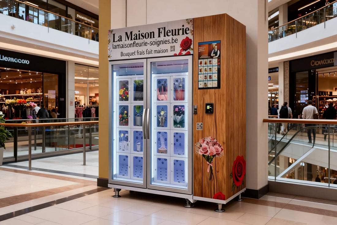 Smart flower vending machine for shopping malls featuring non-drop elevator system and custom OEM branding by WEIMI.