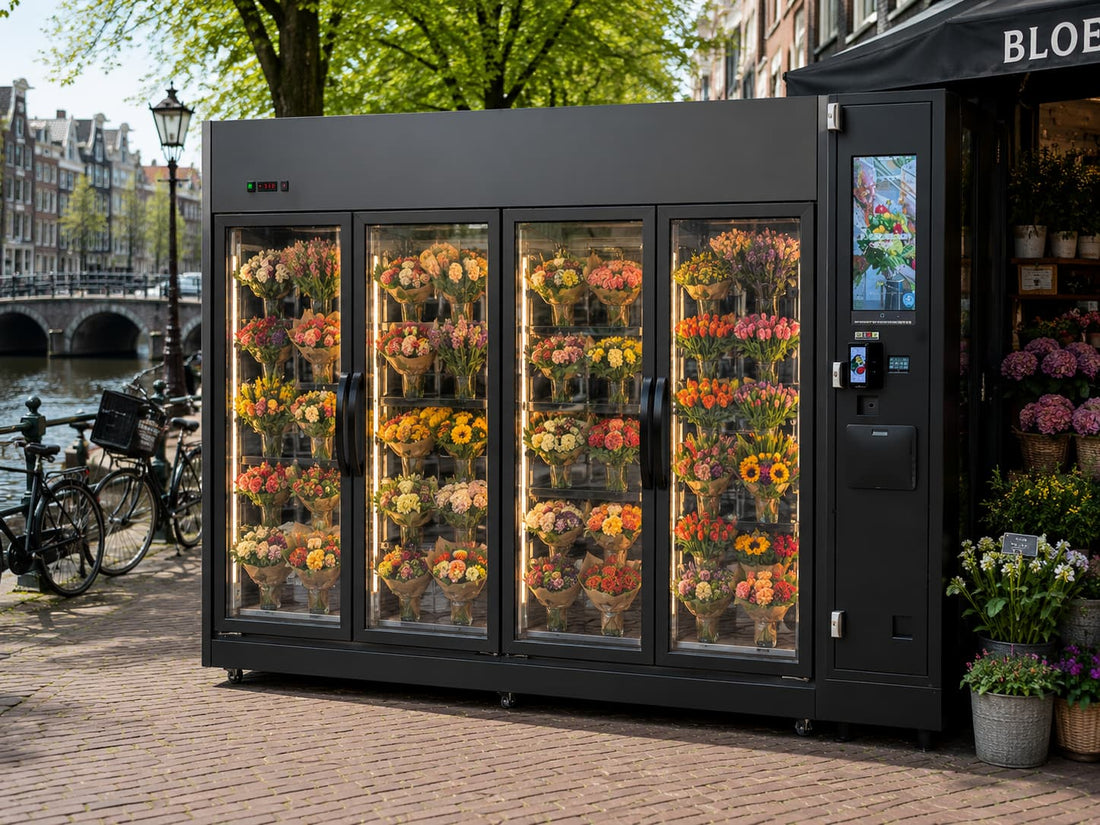 Maintenance checklist infographic for flower vending machines showing daily/weekly/monthly tasks, error code table, cleaning schedule, and Singapore climate adjustments.