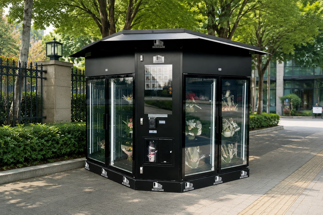 Smart flower vending machine with cooling system and transparent display for fresh flower retail