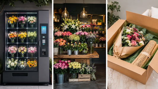 Flower vending machine, florist shop and online delivery compared side by side