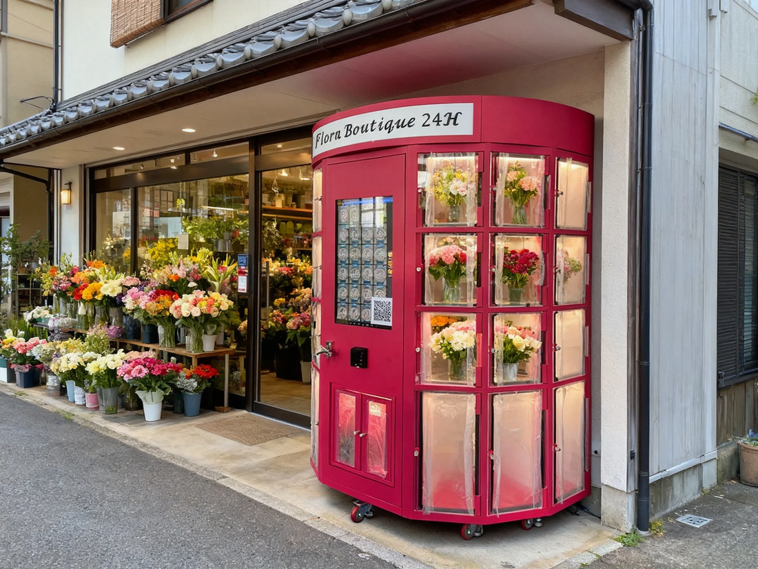 Vibrant modern flower shop with fresh arrangements and WEIMI vending machine, illustrating profitable floral retail business models and automation advantages.