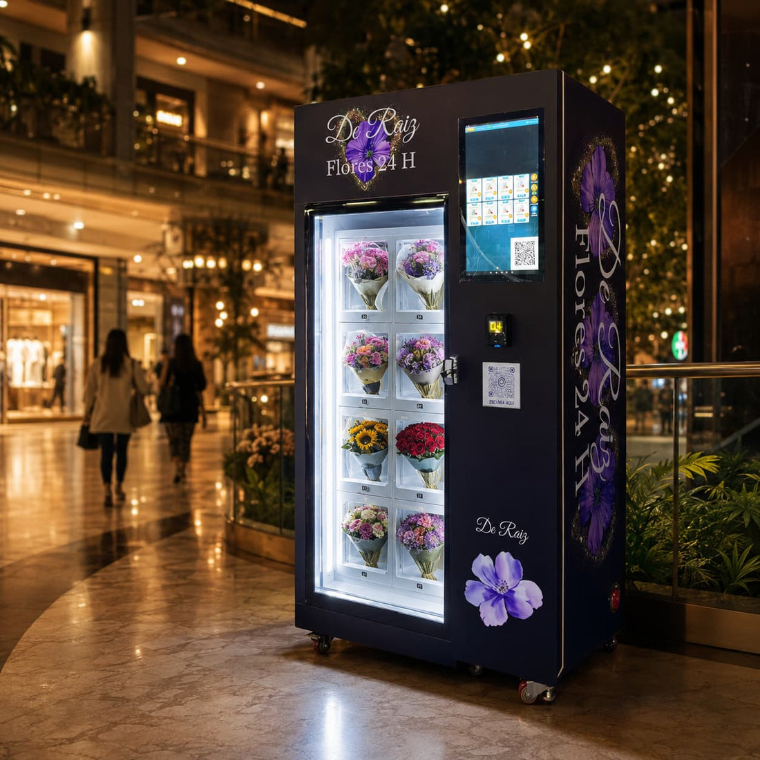 WEIMI fresh flower vending machine in a modern shopping mall at night, showcasing 24/7 automated flower retail with illuminated display and fresh bouquets visible through transparent doors.