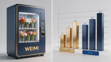 A pricing breakdown chart of different flower vending machine models including smart elevator and cooling system costs.