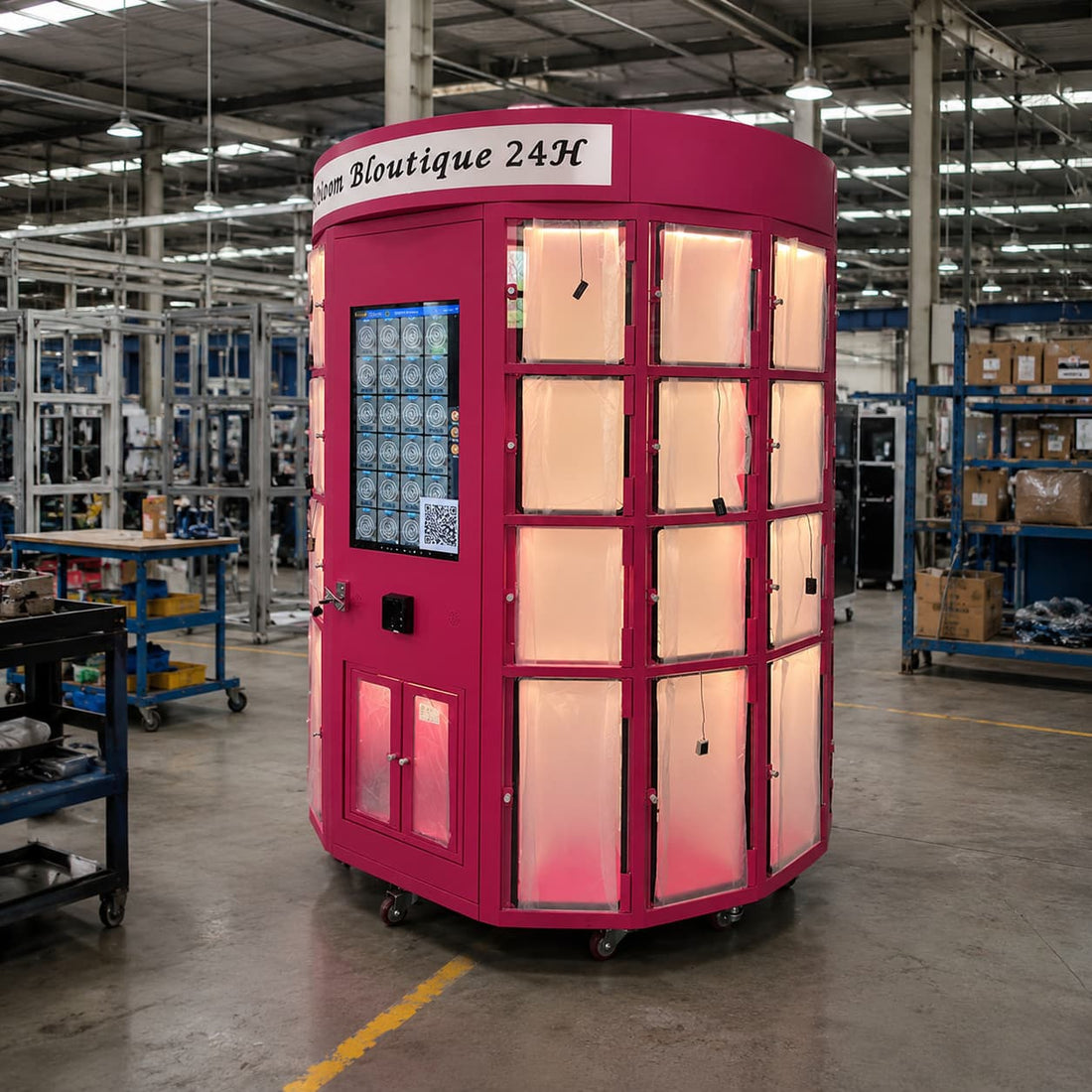 WEIMI fresh flower vending machine in a modern shopping mall at night, showing 24/7 automated flower retail with refrigerated storage and illuminated display.