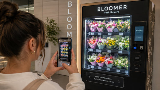Person filming a flower vending machine on a smartphone for social media content