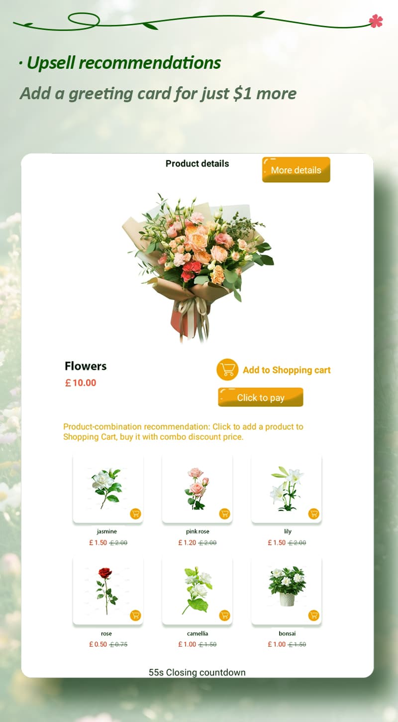Digital vending interface showing upsell recommendations for greeting cards and discounted floral combination offers.