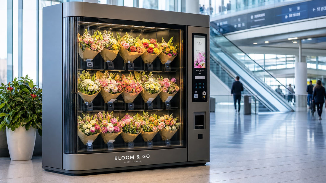 WEIMI smart flower vending machine dispensing fresh bouquets 24/7 in a modern transit hub