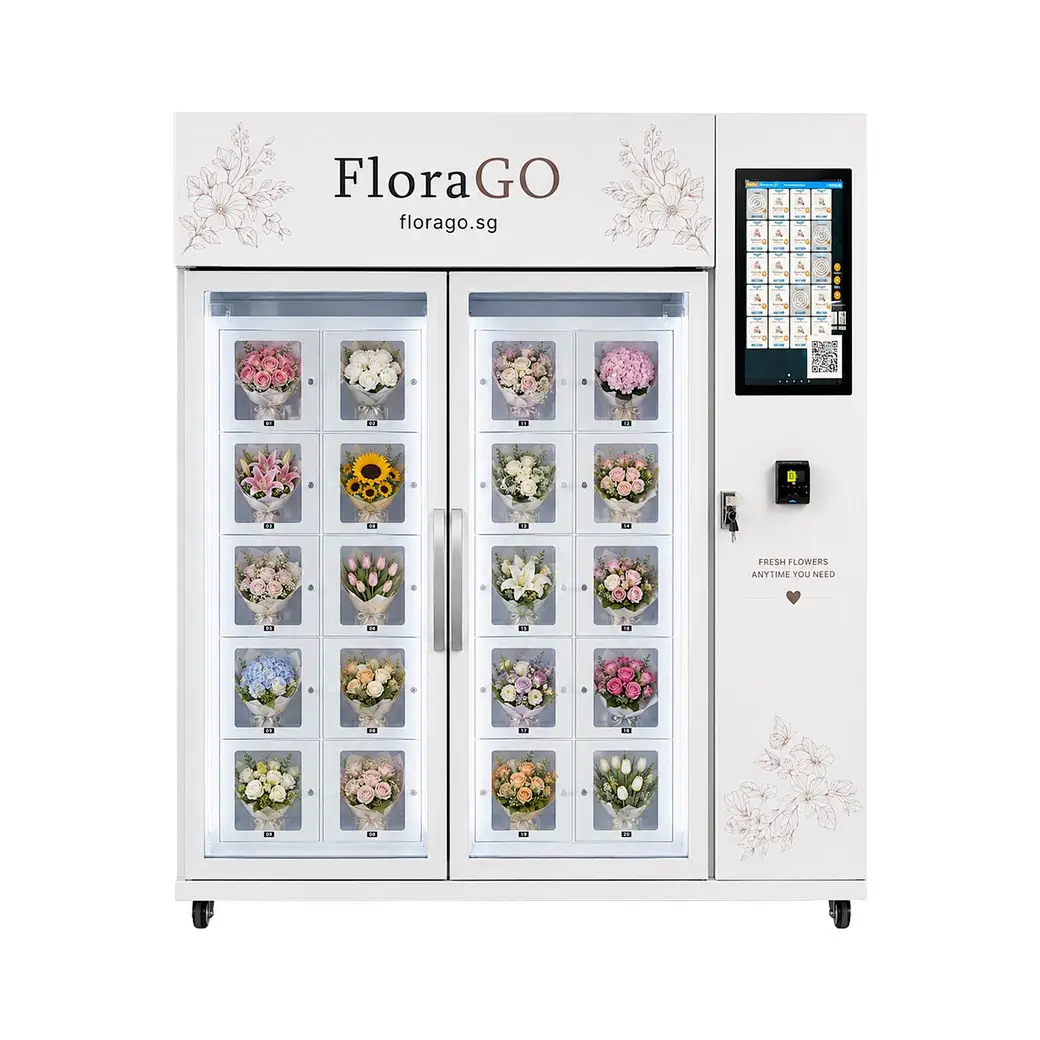 Weimi Fresh Bouquet and Plant Smart Locker Vending Machine with 22-inch touchscreen display installed in a shopping mall