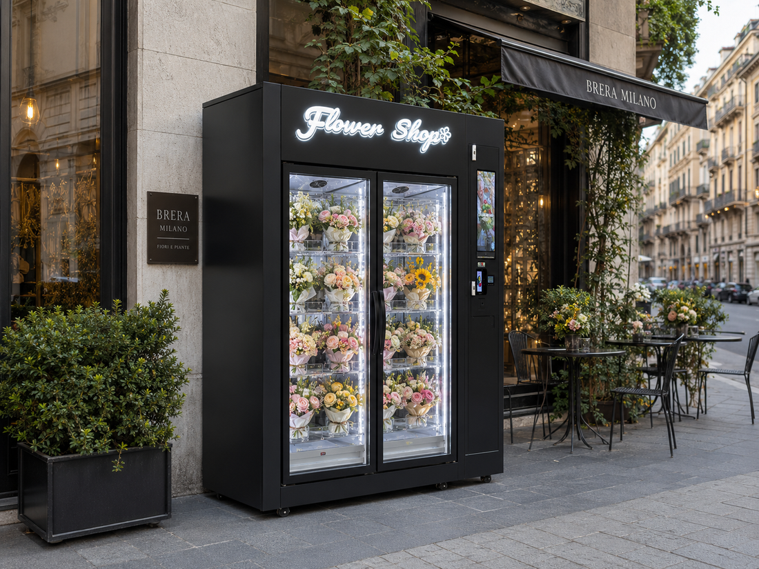 Flower freshness guide chart showing temperature/humidity specs, packaging types, rotation schedule, cleaning checklist, and shelf life extension table for vending machines.