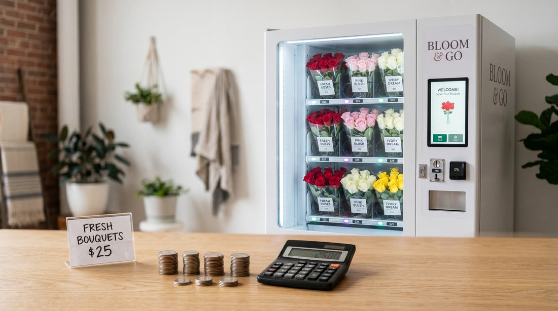 Flower vending machine cost concept with price tag, calculator and fresh roses through the glass