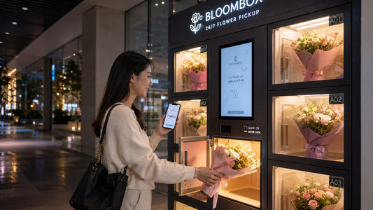 Customer collecting flowers from a smart locker at night using a pickup code on their phone