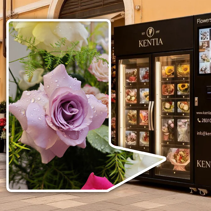 Refrigerated flower vending machine with transparent glass door showcasing fresh bouquets under LED lighting and temperature control system