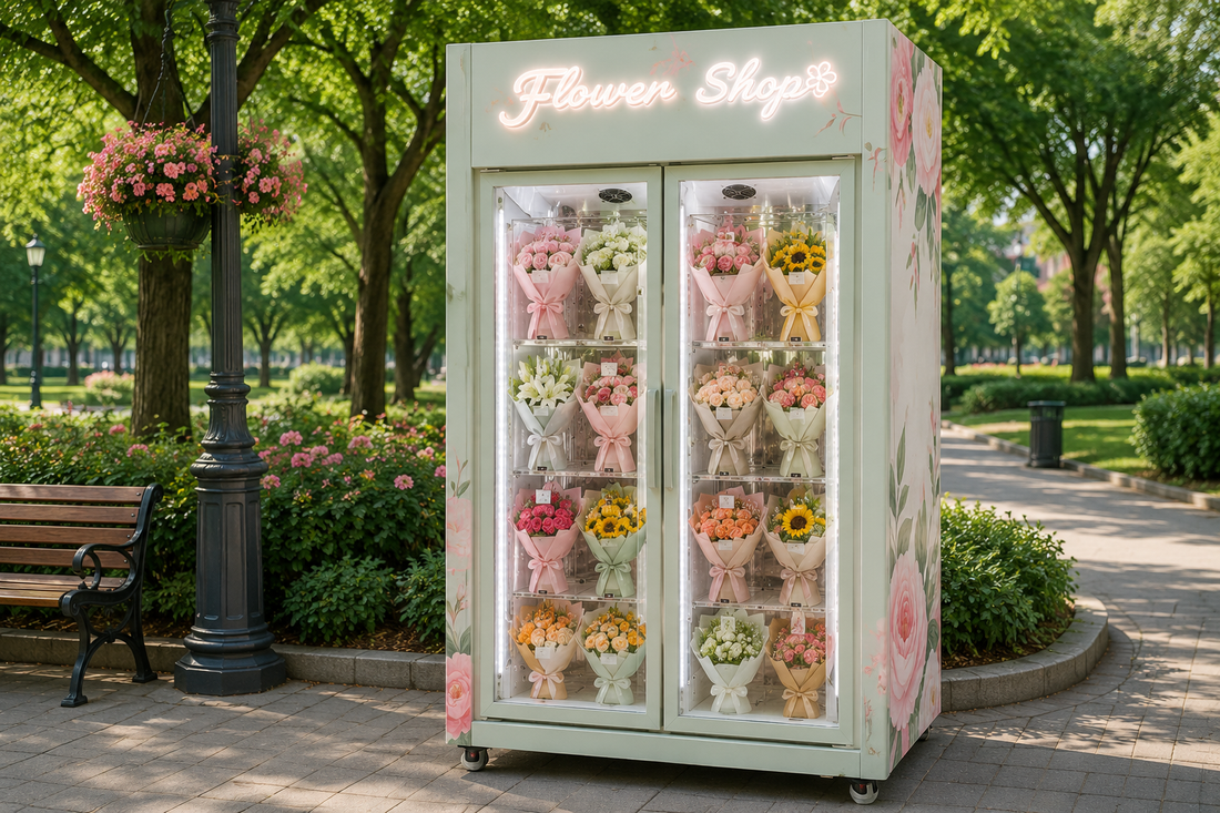 Advanced smart flower vending machine by WEIMI with AI touchscreen, IoT connectivity and fresh illuminated bouquets in a cooled self-service kiosk for 24/7 automated retail