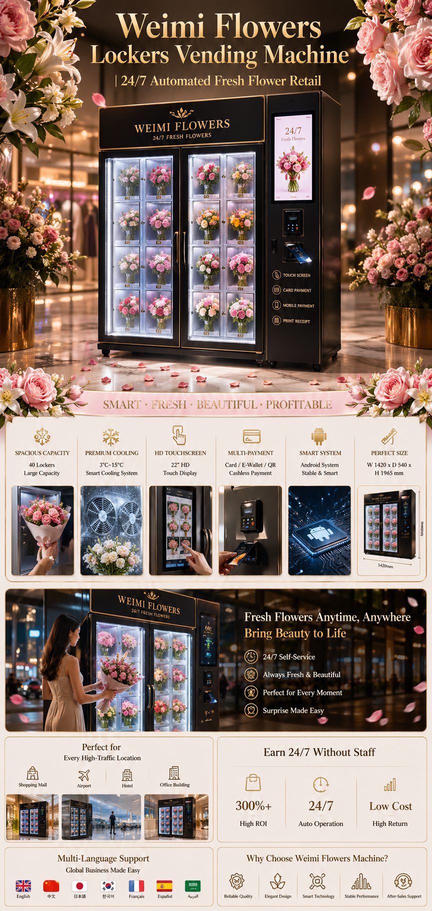 Luxurious WEIMI Flowers Lockers Vending Machine with 40 illuminated smart lockers, 22" HD touchscreen and premium black-gold design for 24/7 fresh flower retail.