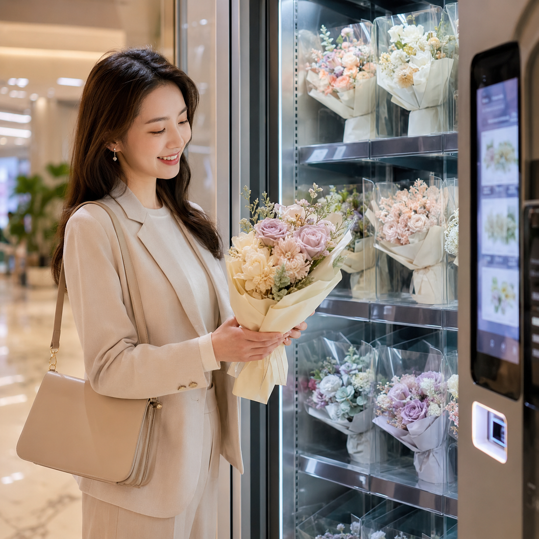 WEIMI flower vending machine selling artificial bouquets in a hotel lobby for 24/7 low-maintenance floral decor and gifts now