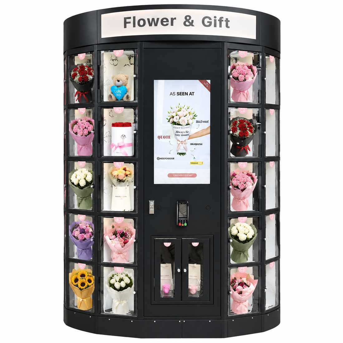 WEIMI WM-F40 AIoT flower vending machine with 40 illuminated cooling lockers and 22-inch touchscreen stocked with fresh vibrant bouquets in a modern high-traffic mall.