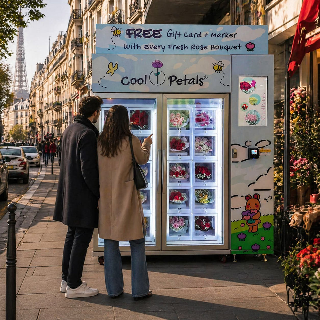 Floward branded robotic flower vending machine installed in modern shopping mall with illuminated fresh bouquets inside, showcasing 24/7 premium flower access powered by WEIMI technology in the Middle East 2026.