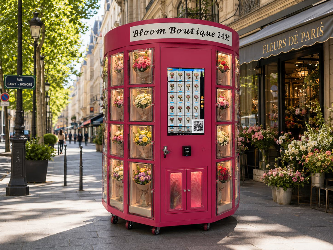 Comparison chart of indoor vs outdoor flower vending machines showing size, capacity, cost, temperature specs, and location suitability table.