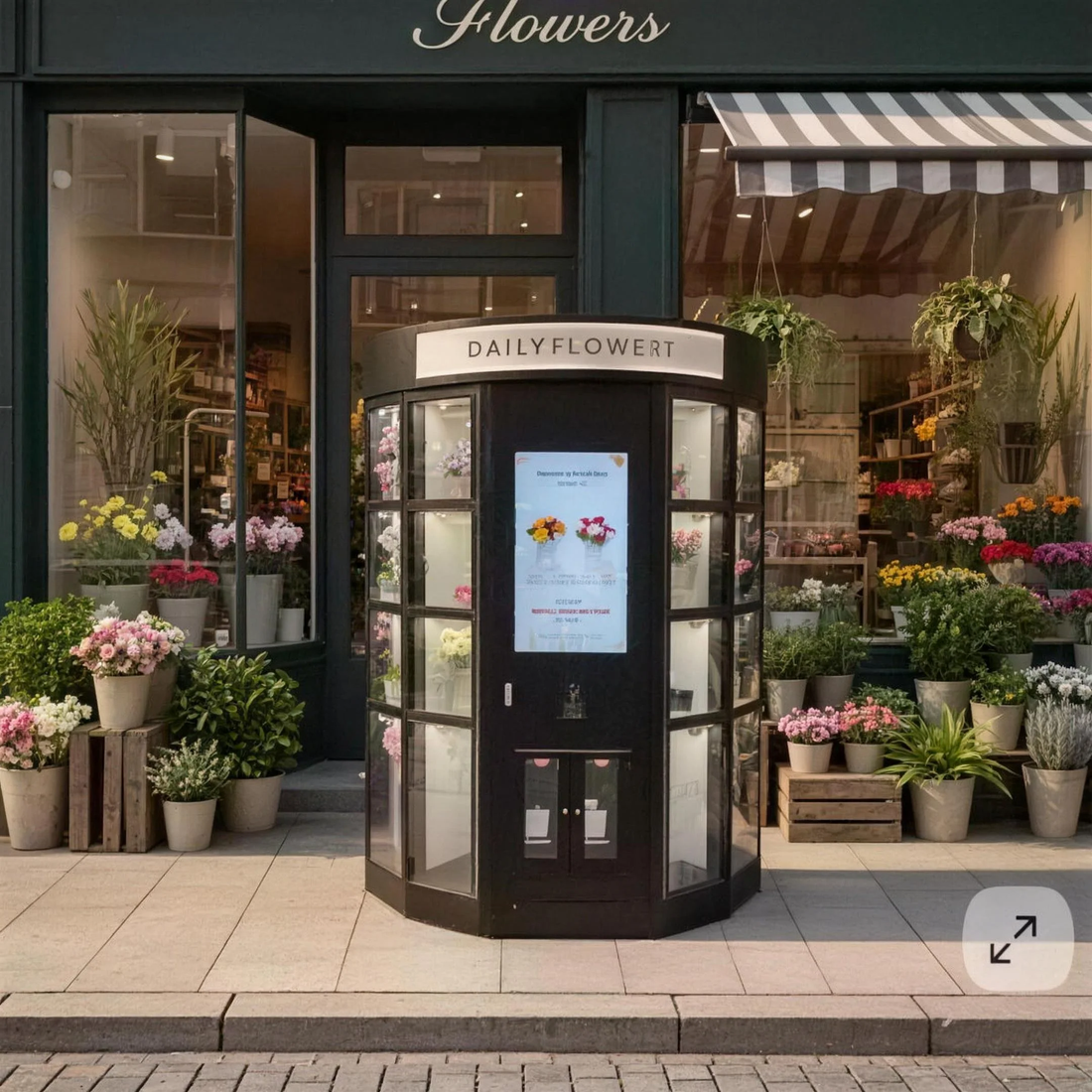 Modern WEIMI flower vending machine placed in busy airport terminal with fresh colorful bouquets visible, travelers purchasing flowers at night, high-traffic commercial environment, sleek high-tech design.