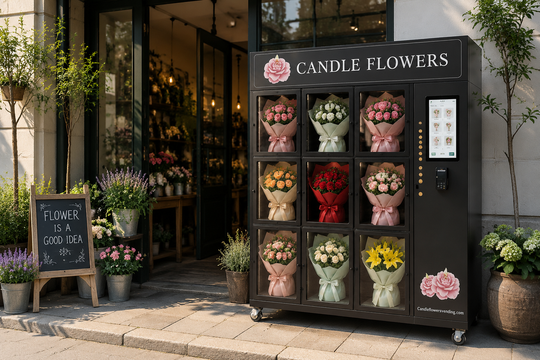 WEIMI Flower Vending Machine with floating ROI charts and profit arrows in modern mall setting, highlighting low cost and high return on investment for 2026 automated flower retail solutions.