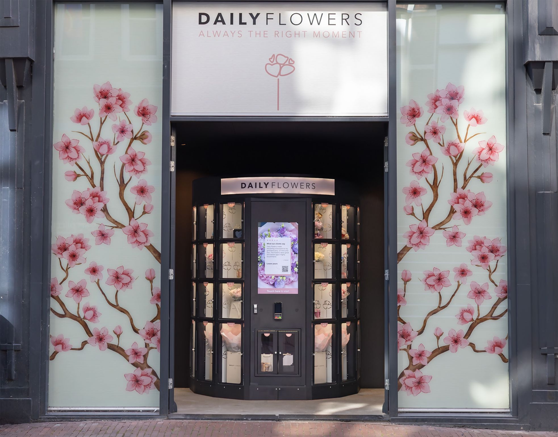 Sleek WEIMI smart flower vending machine with illuminated cooling lockers, large touchscreen, and fresh vibrant bouquets in a modern hospital lobby at night, showcasing 24/7 intelligent floral retail.