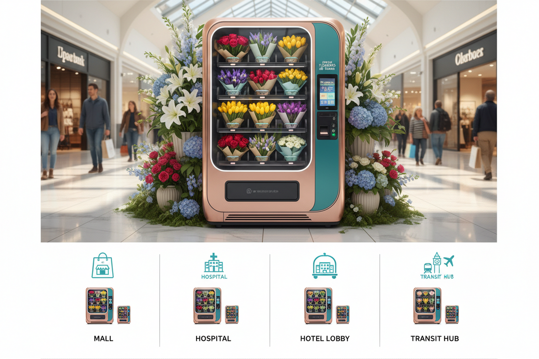Flower vending machine placed in a busy shopping mall corridor, displaying fresh bouquets available for purchase 24/7