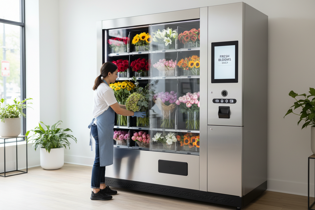 Operator restocking a refrigerated flower vending machine with fresh bouquets of roses and mixed flowers